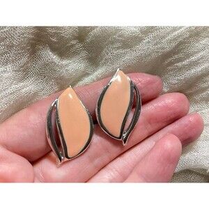 Silver Tone and Peach/Pink Enamel Clip On Earrings